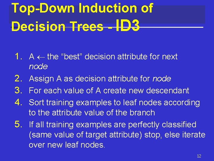 Top-Down Induction of Decision Trees - ID 3 1. A the “best” decision attribute Top-Down Induction of Decision Trees - ID 3 1. A the “best” decision attribute