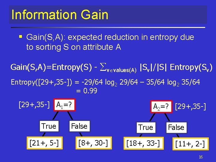 Information Gain § Gain(S, A): expected reduction in entropy due to sorting S on Information Gain § Gain(S, A): expected reduction in entropy due to sorting S on