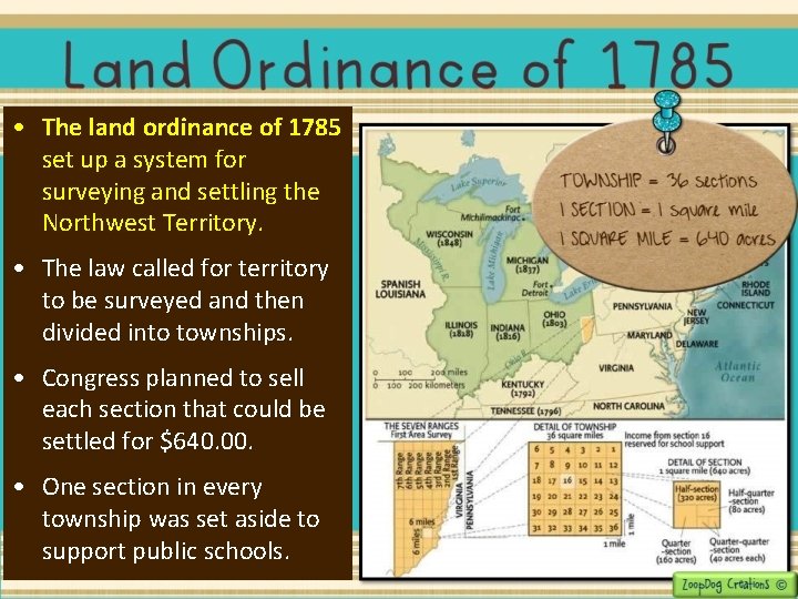  • The land ordinance of 1785 set up a system for surveying and
