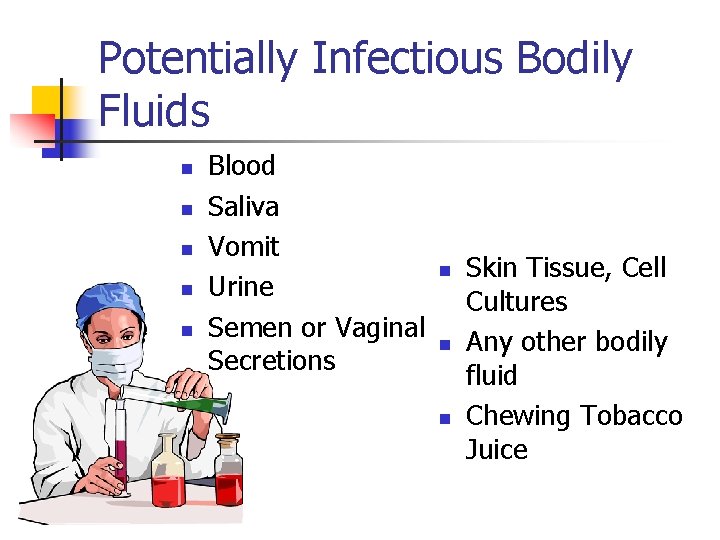 Potentially Infectious Bodily Fluids n n n Blood Saliva Vomit Urine Semen or Vaginal