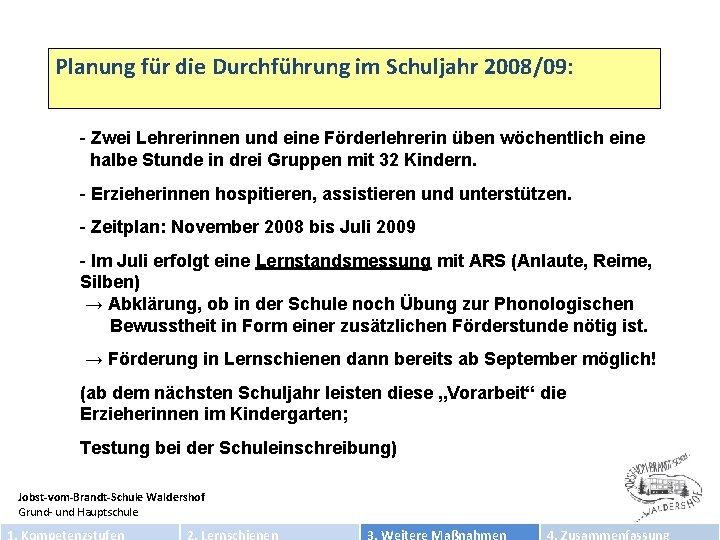 Planung für die Durchführung im Schuljahr 2008/09: - Zwei Lehrerinnen und eine Förderlehrerin üben