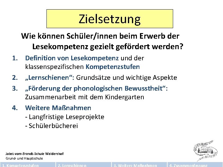Zielsetzung Wie können Schüler/innen beim Erwerb der Lesekompetenz gezielt gefördert werden? 1. Definition von