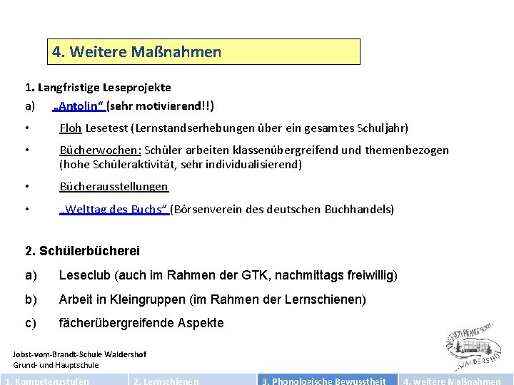 4. Weitere Maßnahmen 1. Langfristige Leseprojekte a) „Antolin“ (sehr motivierend!!) • Floh Lesetest (Lernstandserhebungen