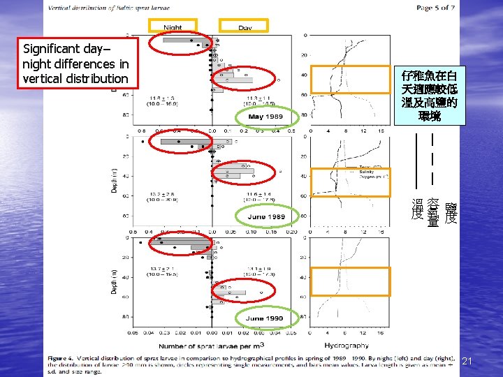 Significant day– night differences in vertical distribution 仔稚魚在白 天適應較低 溫及高鹽的 環境 溫容 鹽 度氧