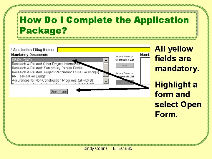 How Do I Complete the Application Package? All yellow fields are mandatory. Highlight a