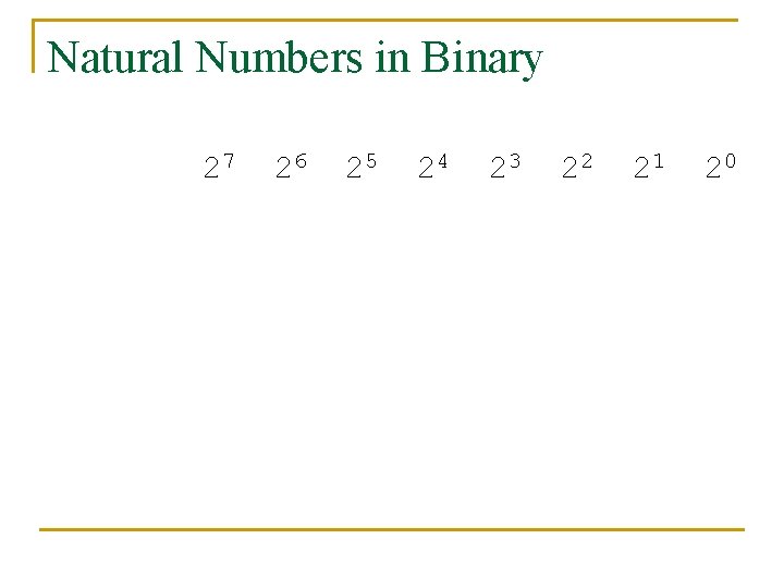 Natural Numbers in Binary 27 2 6 128 64 1 0 25 32 0