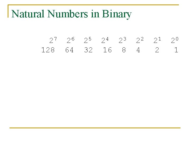 Natural Numbers in Binary 27 2 6 128 64 1 0 25 32 0