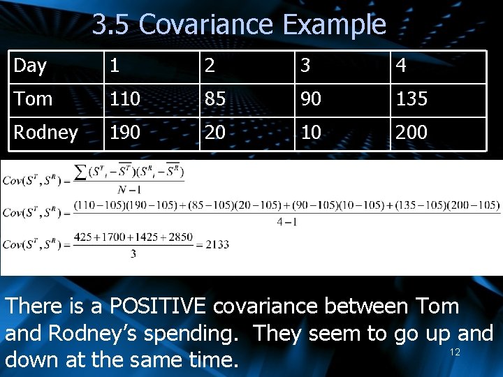 3. 5 Covariance Example Day 1 2 3 4 Tom 110 85 90 135
