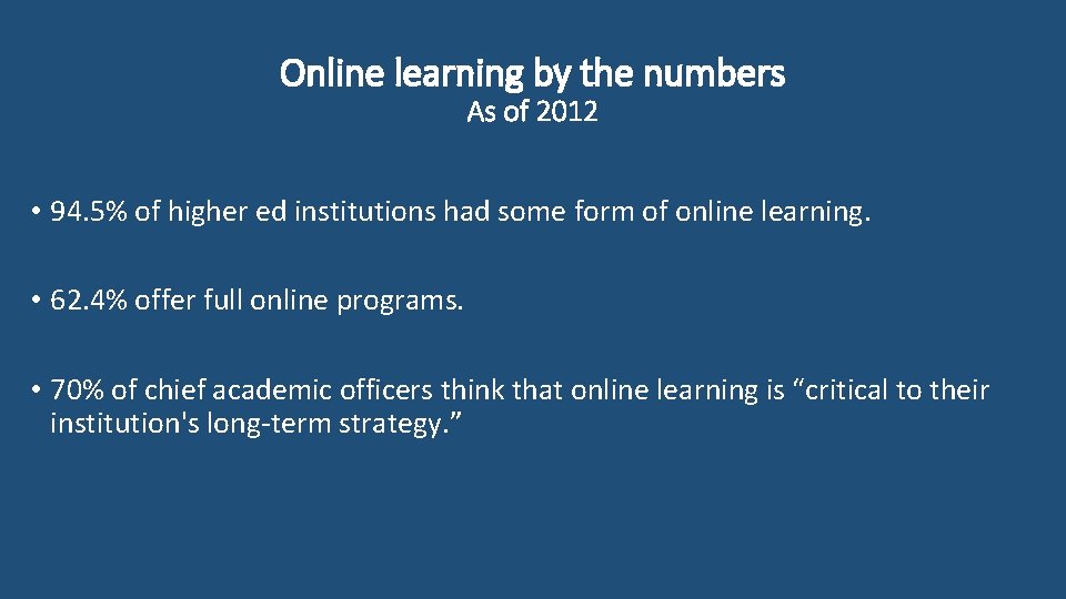 Online learning by the numbers As of 2012 • 94. 5% of higher ed