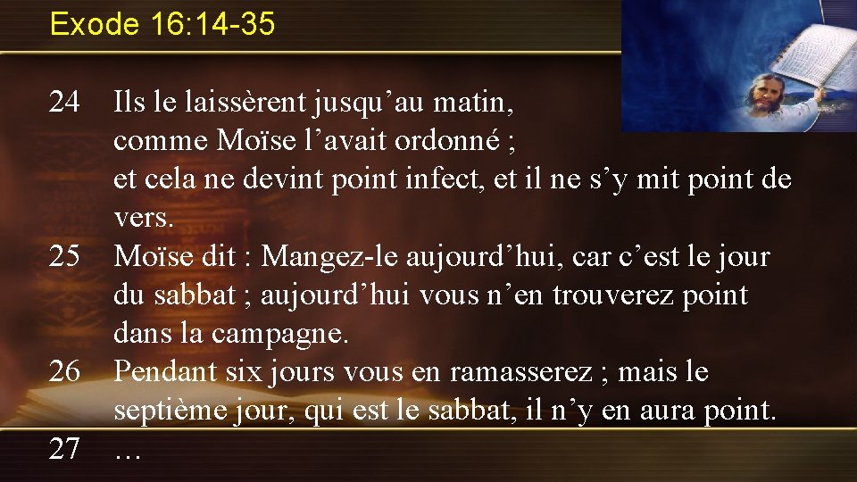 Exode 16: 14 -35 24 Ils le laissèrent jusqu’au matin, comme Moïse l’avait ordonné