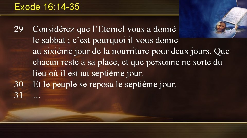 Exode 16: 14 -35 29 Considérez que l’Eternel vous a donné le sabbat ;