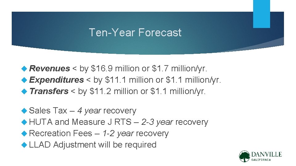 Ten-Year Forecast Revenues < by $16. 9 million or $1. 7 million/yr. Expenditures <