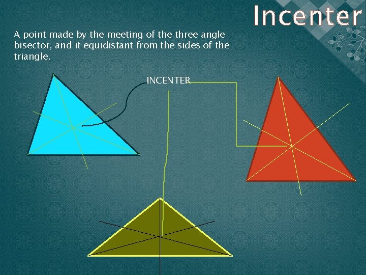 A point made by the meeting of the three angle bisector, and it equidistant