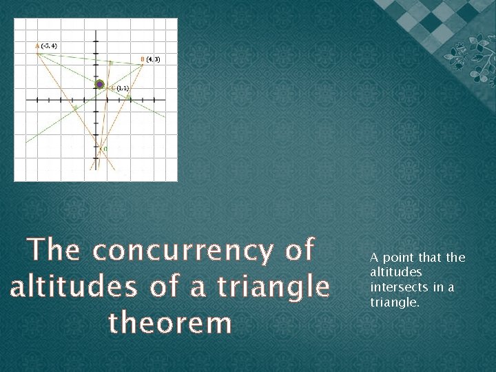 The concurrency of altitudes of a triangle theorem A point that the altitudes intersects