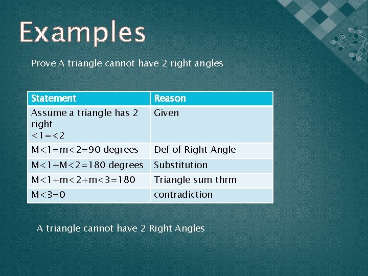 Examples Prove A triangle cannot have 2 right angles Statement Reason Assume a triangle