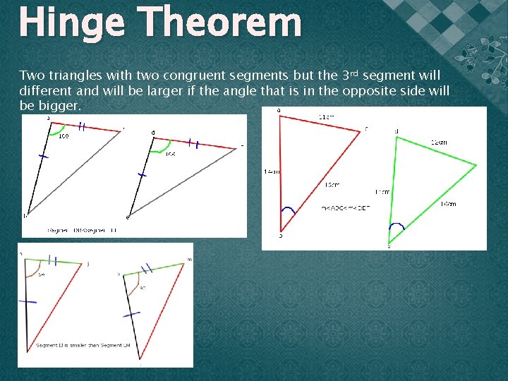 Hinge Theorem Two triangles with two congruent segments but the 3 rd segment will