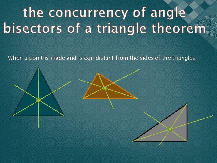 the concurrency of angle bisectors of a triangle theorem When a point is made