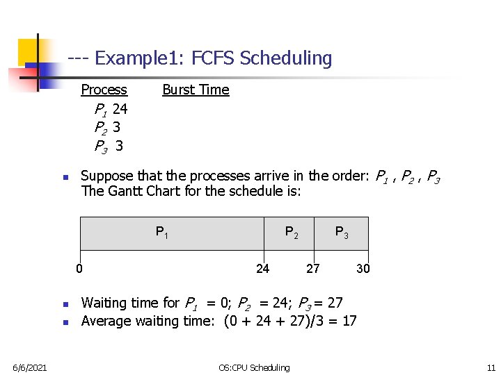 --- Example 1: FCFS Scheduling Process P 1 24 P 2 3 P 3