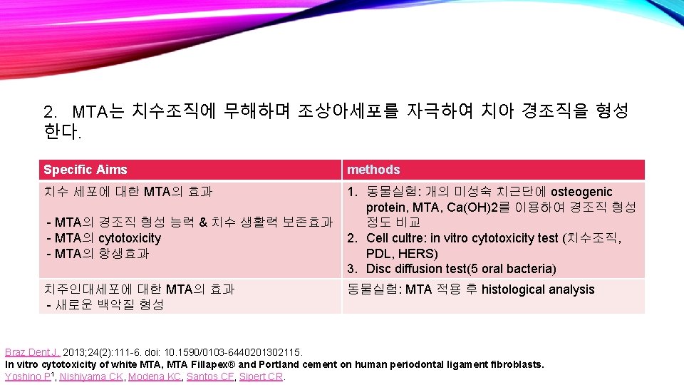 2. MTA는 치수조직에 무해하며 조상아세포를 자극하여 치아 경조직을 형성 한다. Specific Aims methods 치수