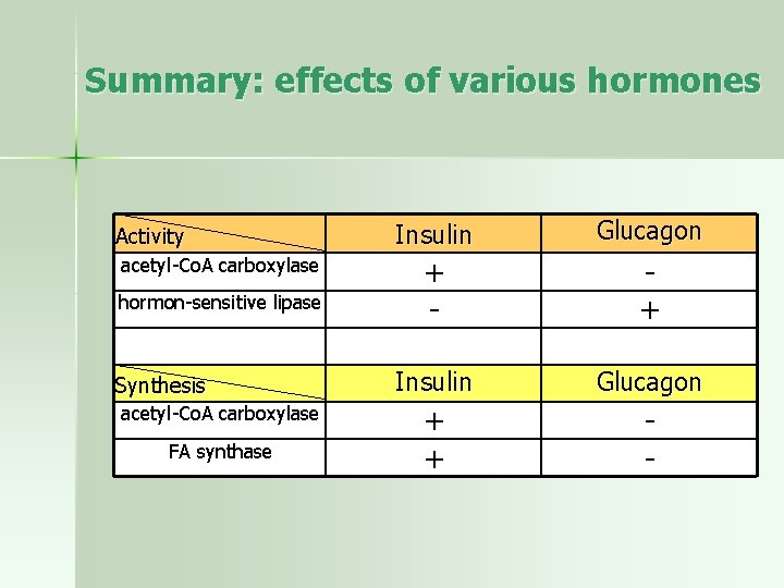 Summary: effects of various hormones Activity acetyl-Co. A carboxylase hormon-sensitive lipase Synthesis acetyl-Co. A