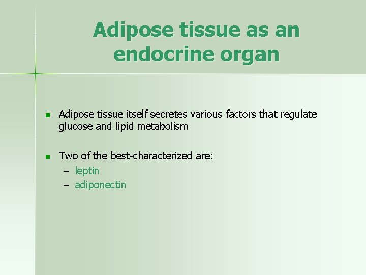 Adipose tissue as an endocrine organ n Adipose tissue itself secretes various factors that