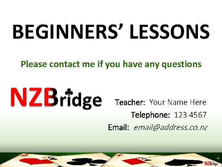 BEGINNERS’ LESSONS Please contact me if you have any questions Teacher: Your Name Here