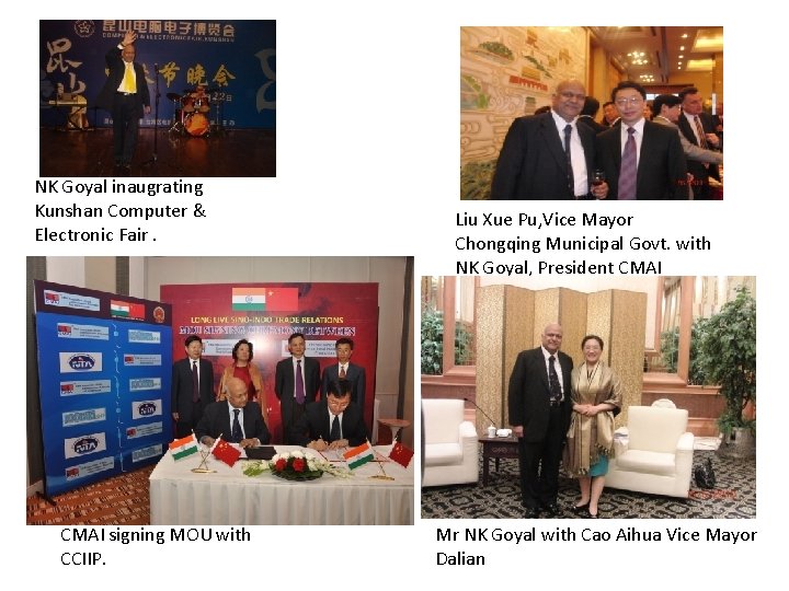 NK Goyal inaugrating Kunshan Computer & Electronic Fair. CMAI signing MOU with CCIIP. Liu