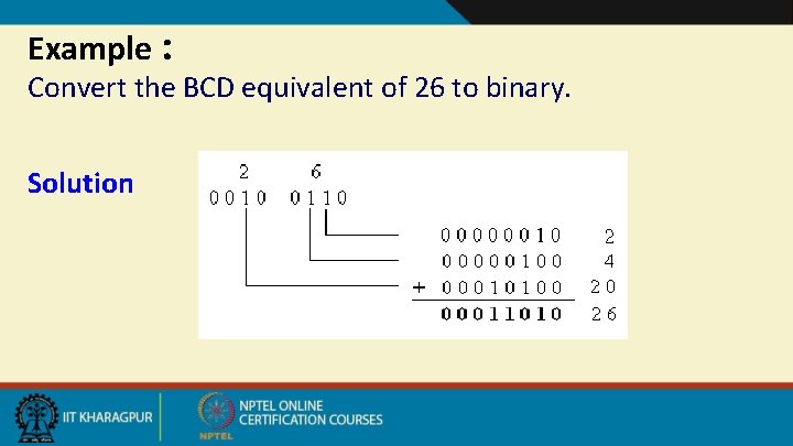 Example : Convert the BCD equivalent of 26 to binary. Solution 