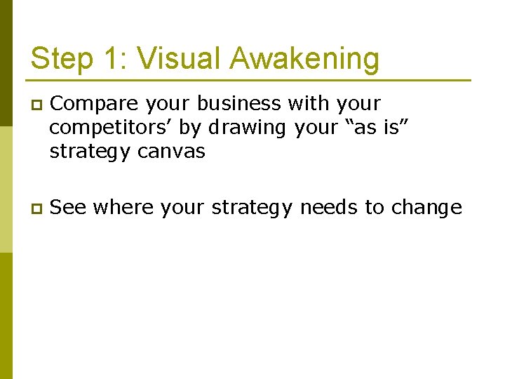 Step 1: Visual Awakening p Compare your business with your competitors’ by drawing your