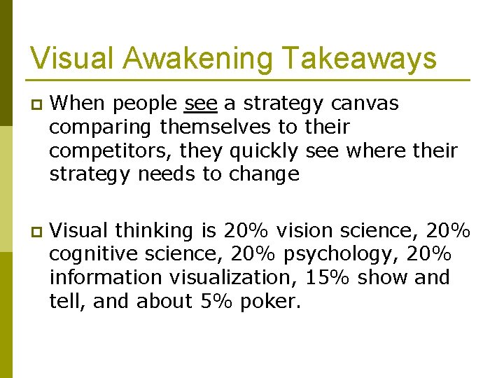 Visual Awakening Takeaways p When people see a strategy canvas comparing themselves to their