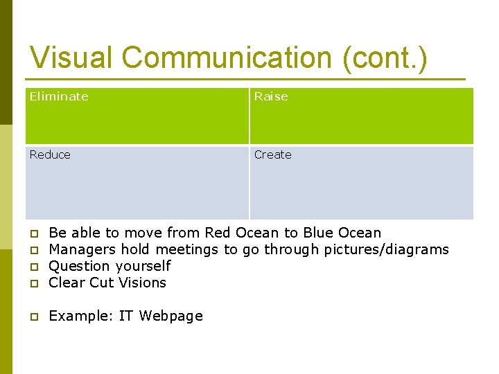 Visual Communication (cont. ) Eliminate Raise Reduce Create p Be able to move from