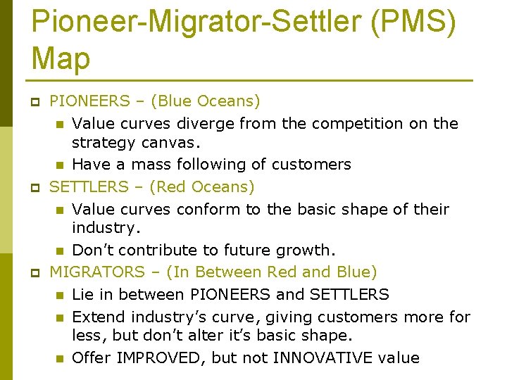 Pioneer-Migrator-Settler (PMS) Map p PIONEERS – (Blue Oceans) n Value curves diverge from the