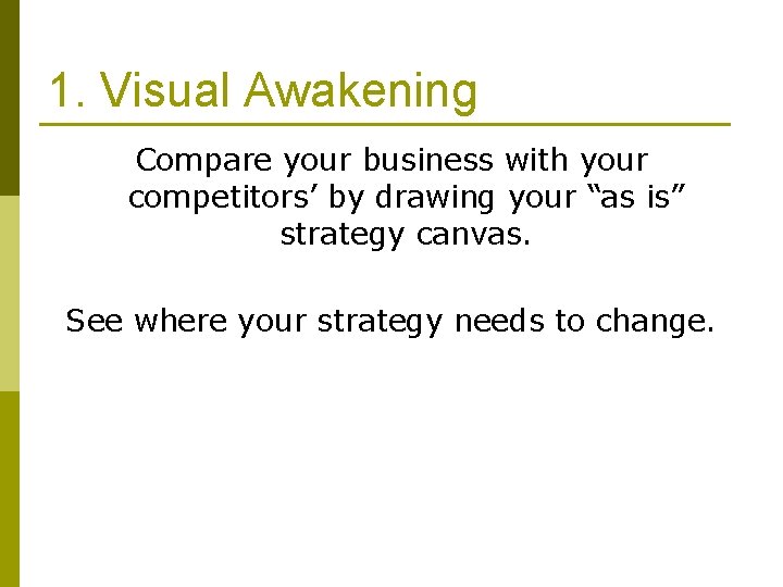 1. Visual Awakening Compare your business with your competitors’ by drawing your “as is”