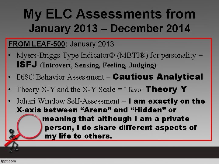 My ELC Assessments from January 2013 – December 2014 FROM LEAF-500: January 2013 •
