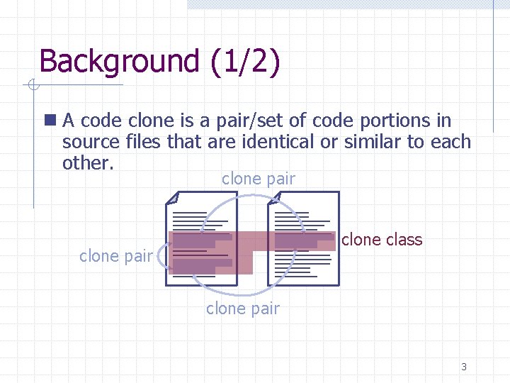 Background (1/2) n A code clone is a pair/set of code portions in source Background (1/2) n A code clone is a pair/set of code portions in source