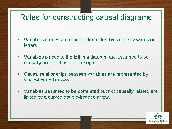 Rules for constructing causal diagrams • Variables names are represented either by short key