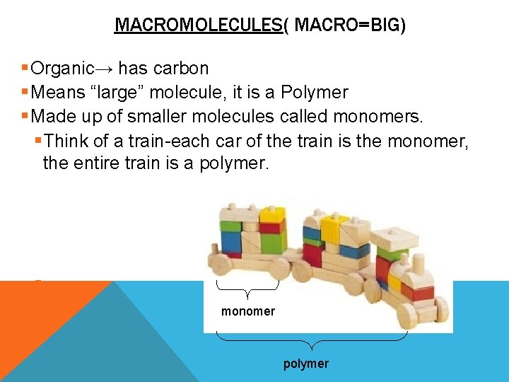 MACROMOLECULES( MACRO=BIG) § Organic→ has carbon § Means “large” molecule, it is a Polymer