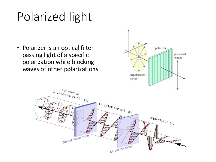 Polarized light • Polarizer is an optical filter passing light of a specific polarization