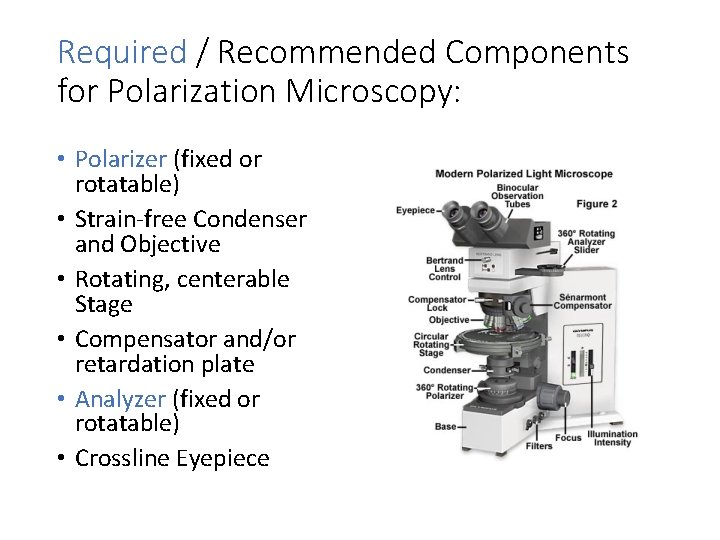 Required / Recommended Components for Polarization Microscopy: • Polarizer (fixed or rotatable) • Strain-free