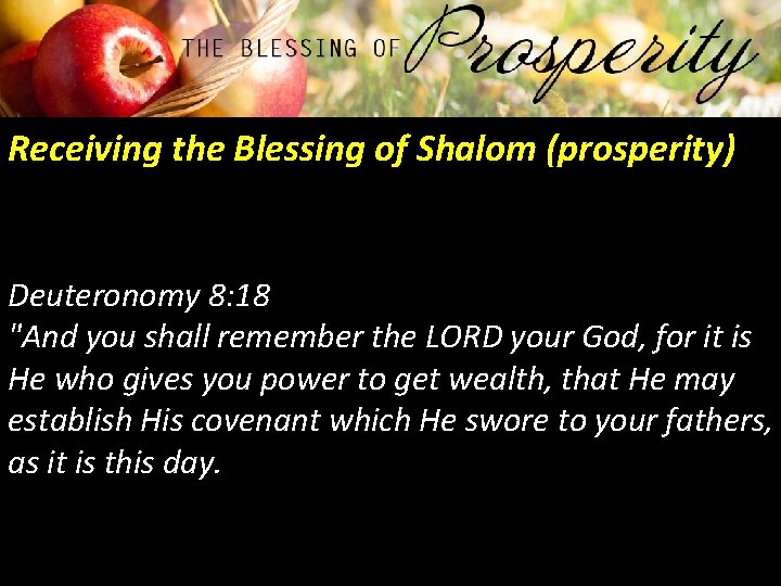 Receiving the Blessing of Shalom (prosperity) Deuteronomy 8: 18 "And you shall remember the