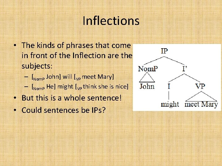 Inflections • The kinds of phrases that come in front of the Inflection are