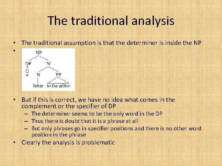 The traditional analysis • The traditional assumption is that the determiner is inside the