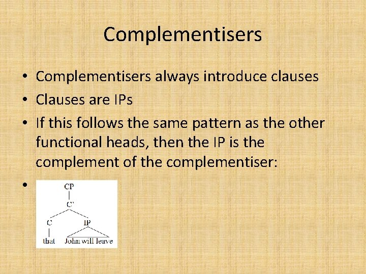 Complementisers • Complementisers always introduce clauses • Clauses are IPs • If this follows