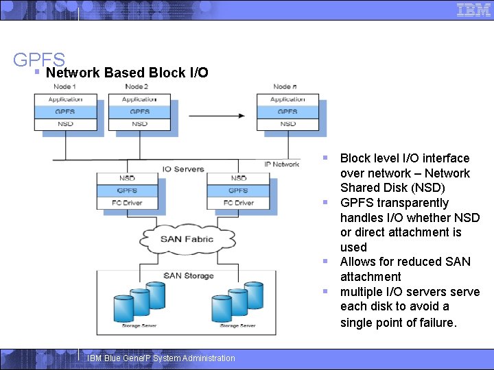 GPFS § Network Based Block I/O § Block level I/O interface over network –