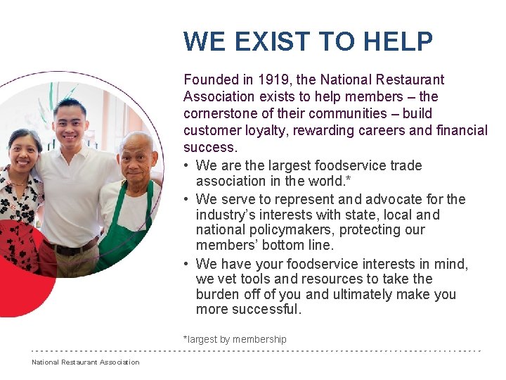 WE EXIST TO HELP Founded in 1919, the National Restaurant Association exists to help