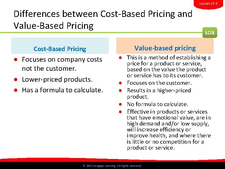 Lesson 19 -3 Differences between Cost-Based Pricing and Value-Based Pricing LO 8 Cost-Based Pricing