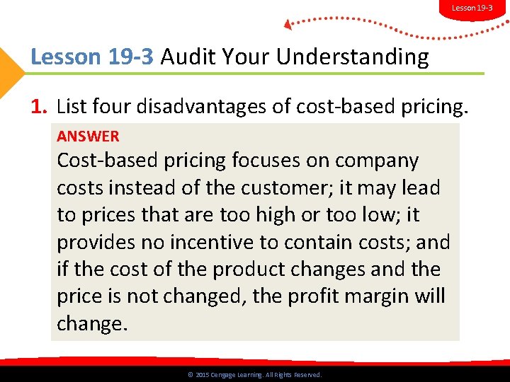 Lesson 19 -3 Audit Your Understanding 1. List four disadvantages of cost-based pricing. ANSWER