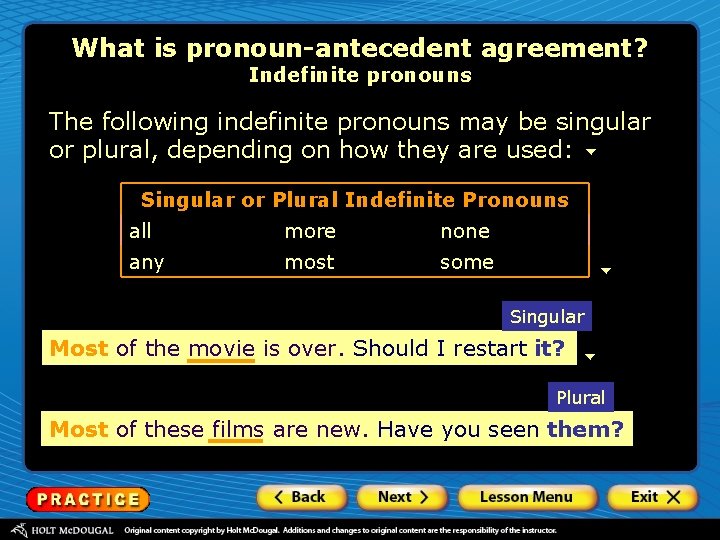 What is pronoun-antecedent agreement? Indefinite pronouns The following indefinite pronouns may be singular or
