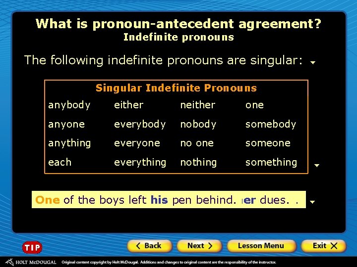 What is pronoun-antecedent agreement? Indefinite pronouns The following indefinite pronouns are singular: Singular Indefinite