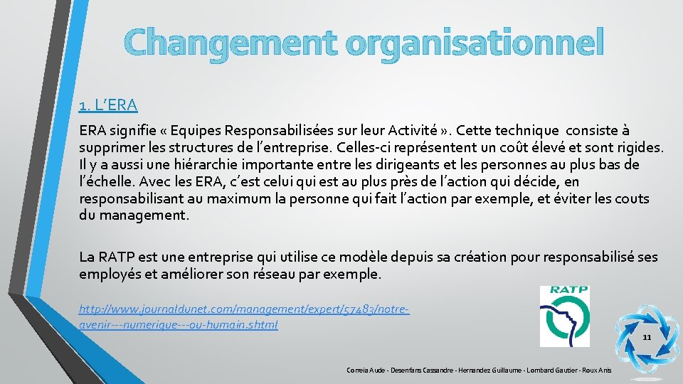 Changement organisationnel 1. L’ERA signifie « Equipes Responsabilisées sur leur Activité » . Cette